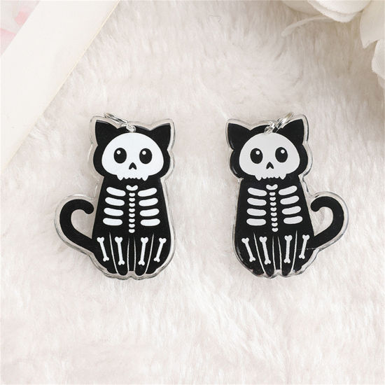 Image de 10 Pcs Pendentifs en Acrylique Halloween Chat Squelette Humain Noir & Blanc 3.7cm x 2.7cm