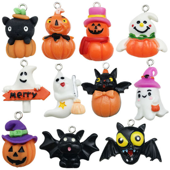 Picture of 1 Set ( 11 PCs/Set) Resin Halloween Charms Halloween Ghost Mixed Silver Tone Multicolor