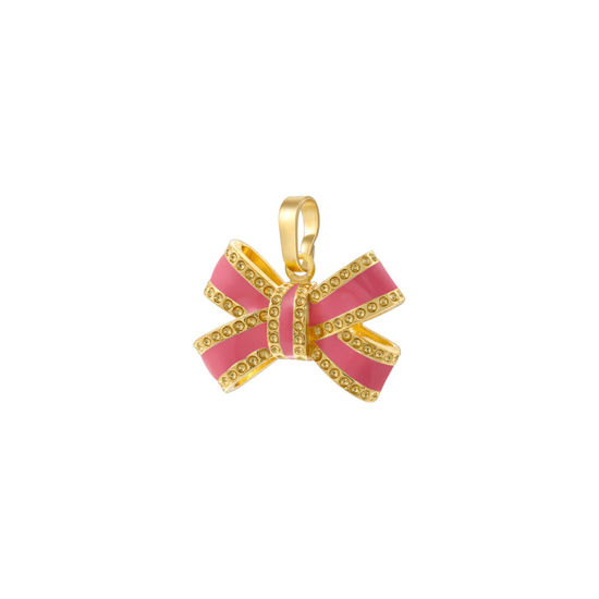 Immagine di 1 Pz Ottone Abiti Ciondoli Pendenti Cravatta a Farfalla Placcato Oro 18K Rosa Smalto 17.5mm x 17mm