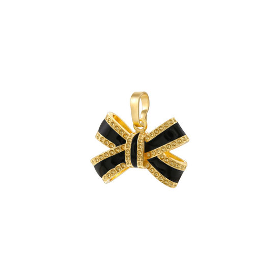 Immagine di 1 Pz Ottone Abiti Ciondoli Pendenti Cravatta a Farfalla Placcato Oro 18K Nero Smalto 17.5mm x 17mm