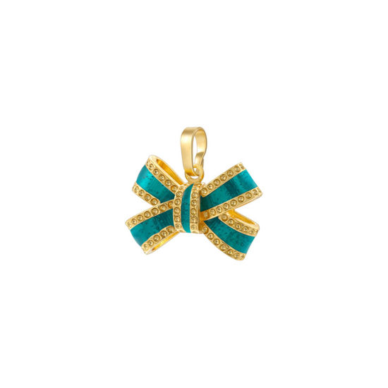 Immagine di 1 Pz Ottone Abiti Ciondoli Pendenti Cravatta a Farfalla Placcato Oro 18K Verde Smalto 17.5mm x 17mm