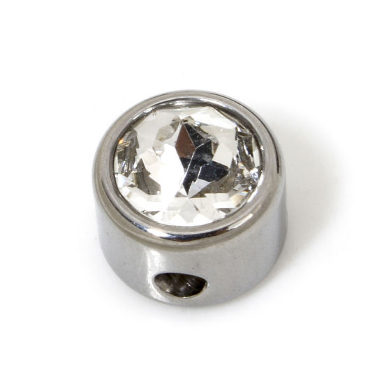 Image de 2 Pcs Perles pour DIY Fabrication de Bijoux en 304 Acier Inoxydable Plat-Rond Argent Mat à Strass Transparent env. 8mm Dia., Trou: env. 1.6mm