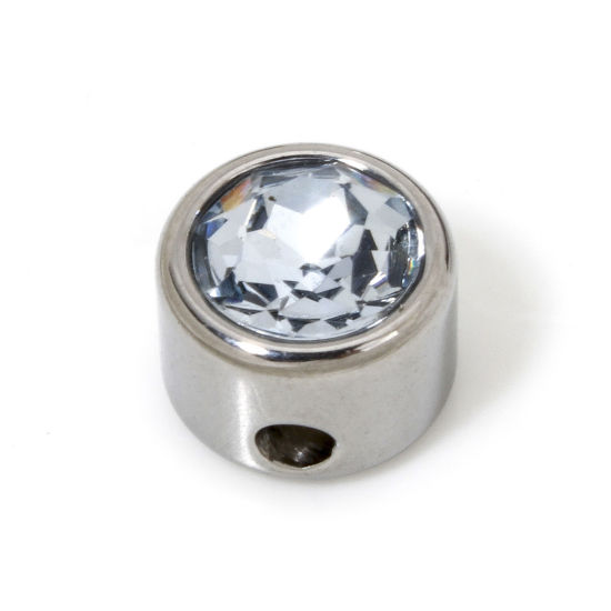 Image de 2 Pcs Perles pour DIY Fabrication de Bijoux en 304 Acier Inoxydable Plat-Rond Argent Mat à Strass Bleu Clair env. 8mm Dia., Trou: env. 1.6mm