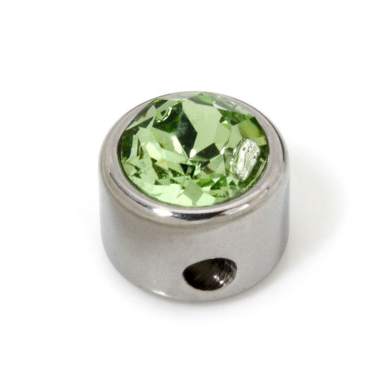 Image de 2 Pcs Perles pour DIY Fabrication de Bijoux en 304 Acier Inoxydable Plat-Rond Argent Mat à Strass Vert Clair env. 8mm Dia., Trou: env. 1.6mm
