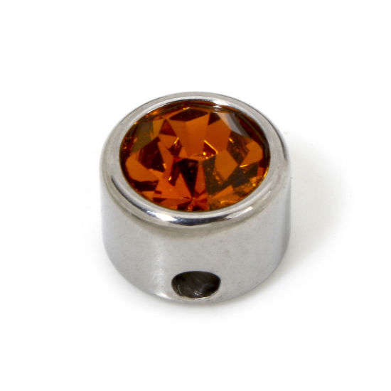 Image de 2 Pcs Perles pour DIY Fabrication de Bijoux en 304 Acier Inoxydable Plat-Rond Argent Mat à Strass Orange env. 8mm Dia., Trou: env. 1.6mm