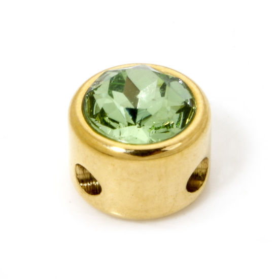 Imagen de 2 Unidades 304 Acero Inoxidable Cuentas Para Hacer Joyas De Bricolaje Plano Redondo Chapado en Oro de 18K Verde Claro Rhinestone 8mm Diámetro, Agujero: Aprox 1.6mm
