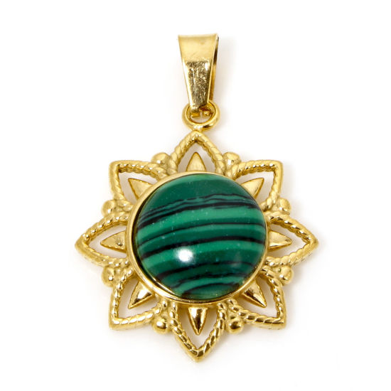 Immagine di 1 Pz Placcatura Sottovuoto PVD Ecologica 304 Acciaio Inossidabile Ciondoli Pendenti Placcato Oro 18K Verde Fiore Imitazione Malachite 27mm x 19mm