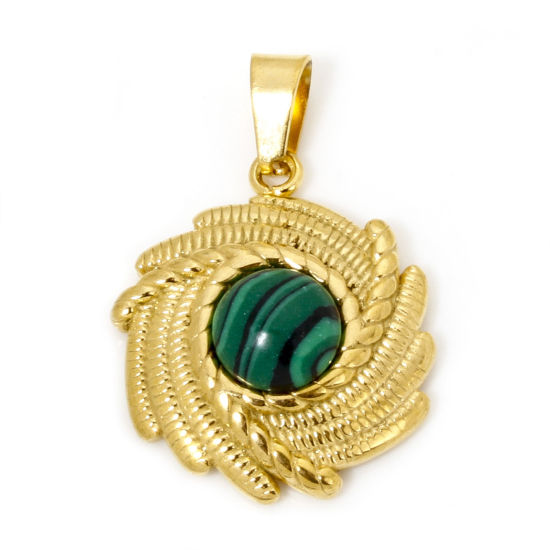 Immagine di 1 Pz Placcatura Sottovuoto PVD Ecologica 304 Acciaio Inossidabile Ciondoli Pendenti Placcato Oro 18K Verde Spirale Imitazione Malachite 26mm x 18mm