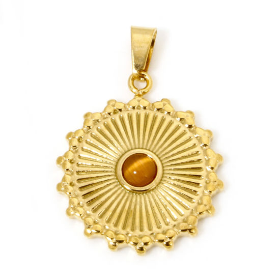 Immagine di 1 Pz Placcatura Sottovuoto PVD Ecologica 304 Acciaio Inossidabile Ciondoli Pendenti Placcato Oro 18K Arancione Tondo Disco Imitazione di occhio di gatto 28mm x 20mm