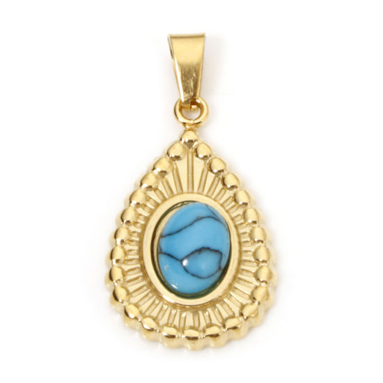 Picture of 1 Piece Vacuum Plating 304 Stainless Steel Charm Pendant 18K Gold Plated Blue Drop Imitation Turquoise 28mm x 14mm