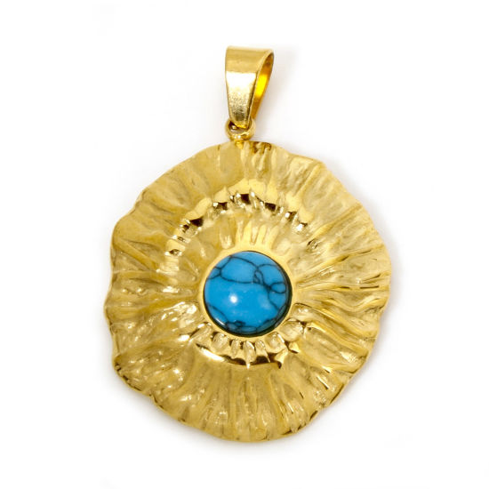 Picture of 1 Piece Vacuum Plating 304 Stainless Steel Charm Pendant 18K Gold Plated Blue Round Imitation Turquoise 3.1cm x 2.1cm