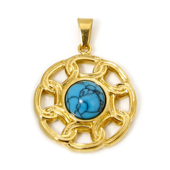 Picture of 1 Piece Vacuum Plating 304 Stainless Steel Charm Pendant 18K Gold Plated Blue Flower Imitation Turquoise 28mm x 20mm