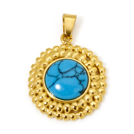 Picture of 1 Piece Vacuum Plating 304 Stainless Steel Charm Pendant 18K Gold Plated Blue Flower Imitation Turquoise 27mm x 19mm