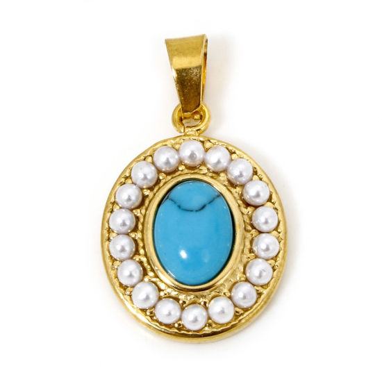 Picture of 1 Piece Vacuum Plating 304 Stainless Steel Charm Pendant 18K Gold Plated Blue Oval Imitation Turquoise 24mm x 14mm