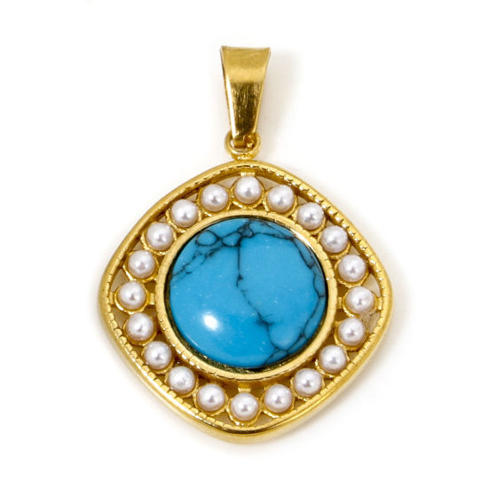 Picture of 1 Piece Vacuum Plating 304 Stainless Steel Charm Pendant 18K Gold Plated Blue Rhombus Imitation Turquoise 27mm x 19mm