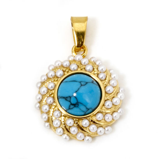 Picture of 1 Piece Vacuum Plating 304 Stainless Steel Charm Pendant 18K Gold Plated Blue Spiral Imitation Turquoise 24mm x 16.5mm