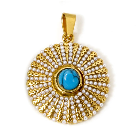 Picture of 1 Piece Vacuum Plating 304 Stainless Steel Charm Pendant 18K Gold Plated Blue Round Imitation Turquoise 28mm x 20mm