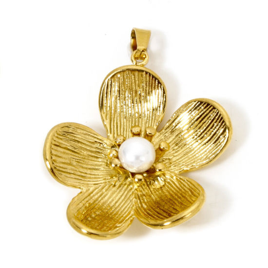 Immagine di 1 Pz Placcatura Sottovuoto PVD Ecologica 304 Acciaio Inossidabile Ciondoli Pendenti Placcato Oro 18K Fiore Imitata Perla 3.8cm x 3.1cm