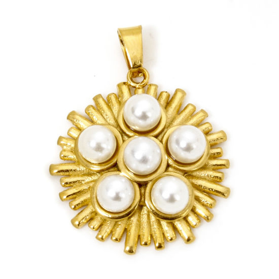 Immagine di 1 Pz Placcatura Sottovuoto PVD Ecologica 304 Acciaio Inossidabile Ciondoli Pendenti Placcato Oro 18K Tondo Disco Imitata Perla 3cm x 2.3cm