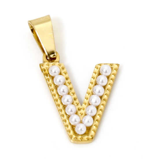 Изображение 1 ШТ Экологичное вакуумное PVD-покрытие 304 Нержавеющая Сталь Подвески 18K позолоченный Заглавная буква Сообщение " V " С Исскуственными Жемчугами 24мм x 14мм