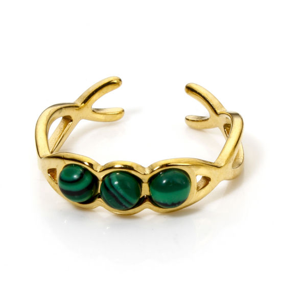 Picture of 1 Piece Vacuum Plating 304 Stainless Steel Open Rings 18K Gold Plated Imitation Malachite 17.3mm(US Size 7)