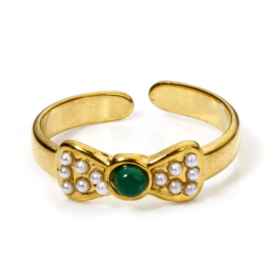 Picture of 1 Piece Vacuum Plating 304 Stainless Steel Open Rings 18K Gold Plated Imitation Malachite 17.3mm(US Size 7)