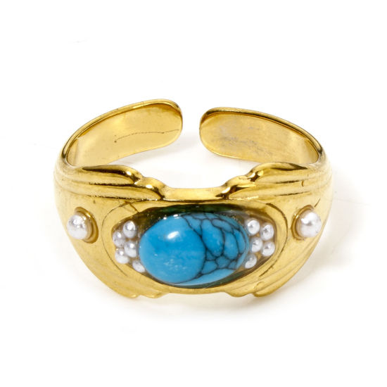 Picture of 1 Piece Vacuum Plating 304 Stainless Steel Open Rings 18K Gold Plated Imitation Turquoise 16.5mm(US Size 6)