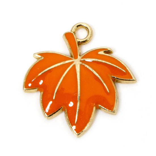 Picture of 10 PCs Zinc Based Alloy Thanksgiving Day Autumn Fall Style Charms Gold Plated Orange Maple Leaf Enamel 22mm x 21mm