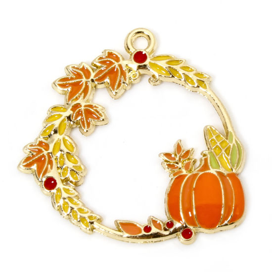 Picture of 10 PCs Zinc Based Alloy Thanksgiving Day Autumn Fall Style Charms Gold Plated Orange Pumpkin Maple Leaf Enamel 3.1cm x 3cm