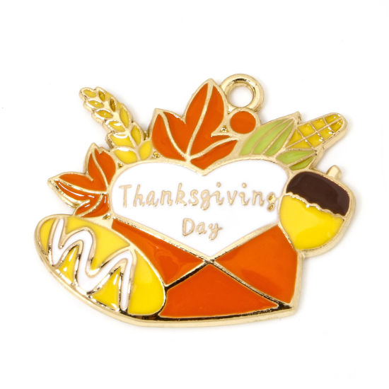 Picture of 10 PCs Zinc Based Alloy Thanksgiving Day Autumn Fall Style Charms Gold Plated Multicolor Bread Maple Leaf Enamel 29mm x 28mm