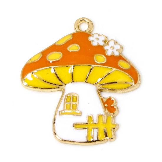 Picture of 10 PCs Zinc Based Alloy Thanksgiving Day Autumn Fall Style Charms Gold Plated Yellow & Orange Mushroom House Enamel 3cm x 2.7cm