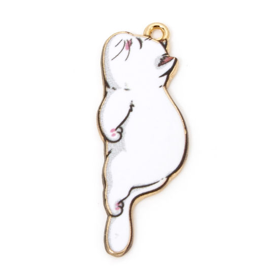 Image de 20 Pcs Pendentifs en Alliage de Zinc Doré Blanc Chat Émail 3.5cm x 1.3cm