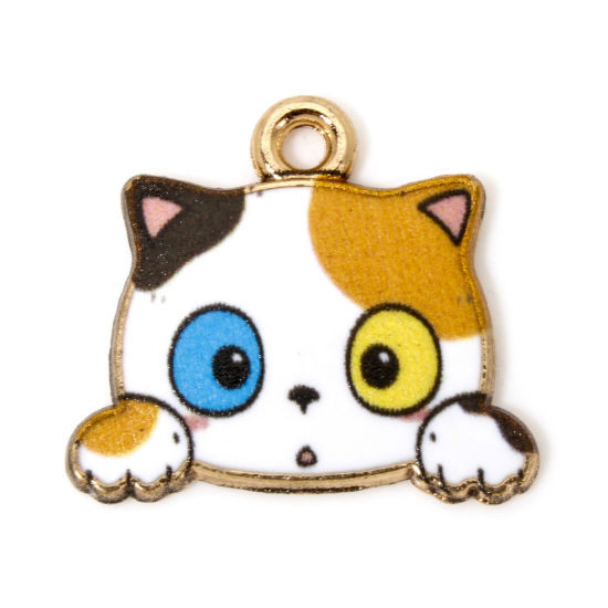 Picture of 20 PCs Zinc Based Alloy Charms Gold Plated Multicolor Cat Animal Enamel 18mm x 16mm