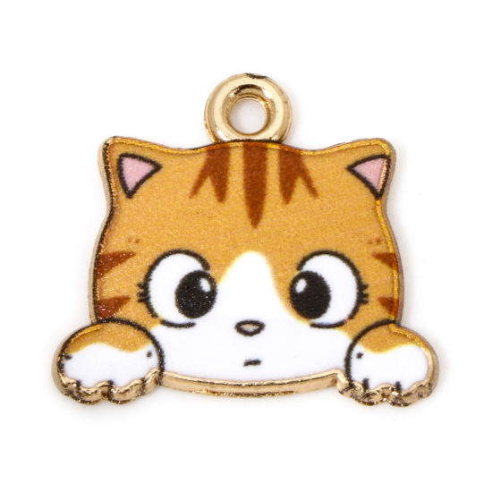 Picture of 20 PCs Zinc Based Alloy Charms Gold Plated Orange Cat Animal Enamel 18mm x 16mm