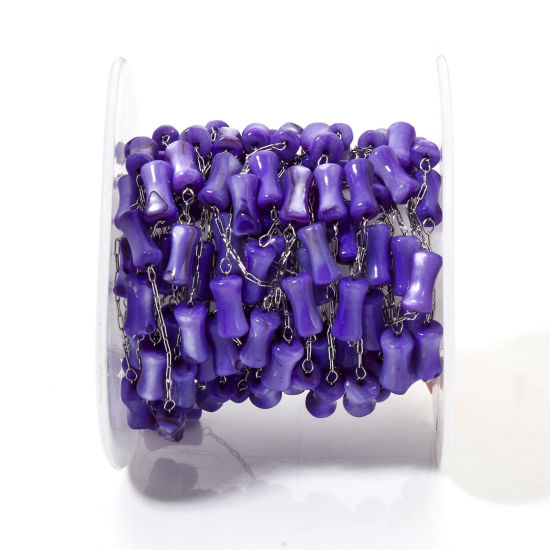 Imagen de 5 M (Aprox 5 M/Rollo) 304 Acero Inoxidable & Concha Naturales Cadena de Cuentas Para Accesorios Hechos a Mano para Hacer Joyas De forma Bambú Tono de Plata Azul Oscuro 4mm