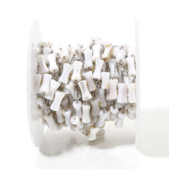 Imagen de 5 M (Aprox 5 M/Rollo) 304 Acero Inoxidable & Concha Naturales Cadena de Cuentas Para Accesorios Hechos a Mano para Hacer Joyas De forma Bambú Tono de Plata Blanco 4mm