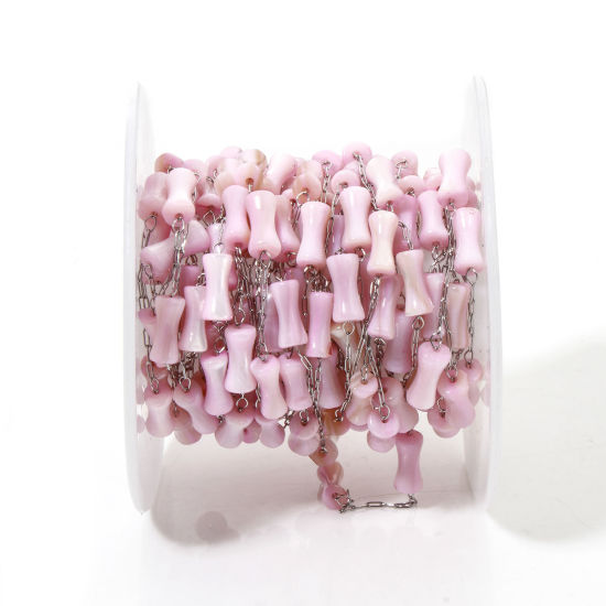 Imagen de 5 M (Aprox 5 M/Rollo) 304 Acero Inoxidable & Concha Naturales Cadena de Cuentas Para Accesorios Hechos a Mano para Hacer Joyas De forma Bambú Tono de Plata Color rosa 4mm