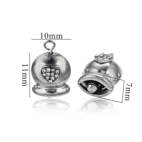 Image de 2 Pcs Breloques en 304 Acier Inoxydable 3D Cloche de Noël Argent Mat Cœur à Zircone Cubique Clair 16mm x 10mm