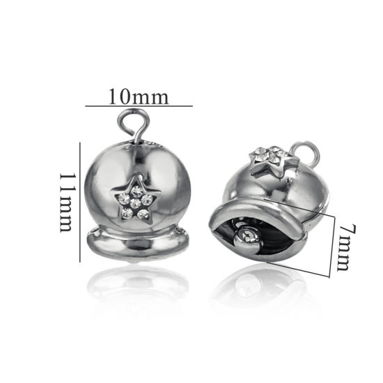 Image de 2 Pcs Breloques en 304 Acier Inoxydable 3D Cloche de Noël Argent Mat Pentacle à Zircone Cubique Clair 16mm x 10mm