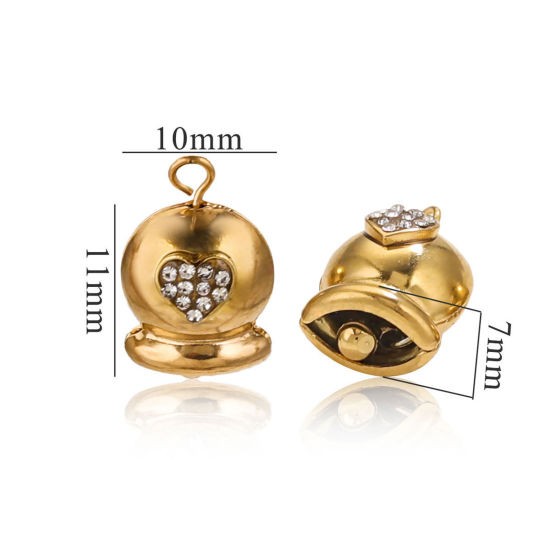 Image de 2 Pcs Breloques en 304 Acier Inoxydable Placage sous Vide 3D Cloche de Noël Plaqué Or 18K Cœur à Zircone Cubique Clair 16mm x 10mm