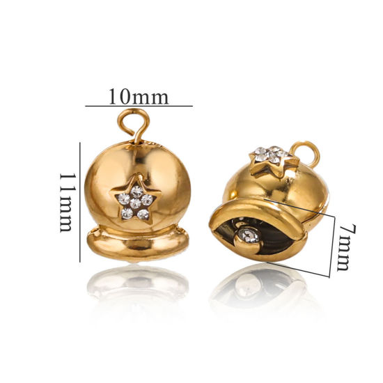 Image de 2 Pcs Breloques en 304 Acier Inoxydable Placage sous Vide 3D Cloche de Noël Plaqué Or 18K Pentacle à Zircone Cubique Clair 16mm x 10mm