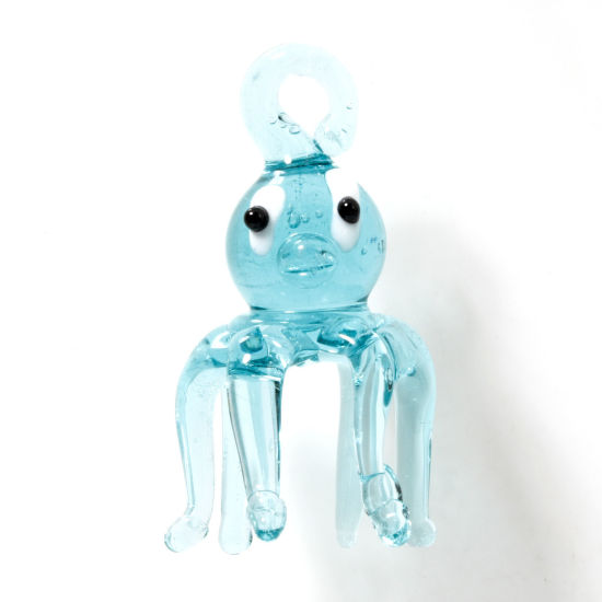 Image de 1 Pièce Pendentifs Bijoux d'Océan en Verre au Chalumeau Bleu-Vert Poulpe 3D 4cm x 2.2cm