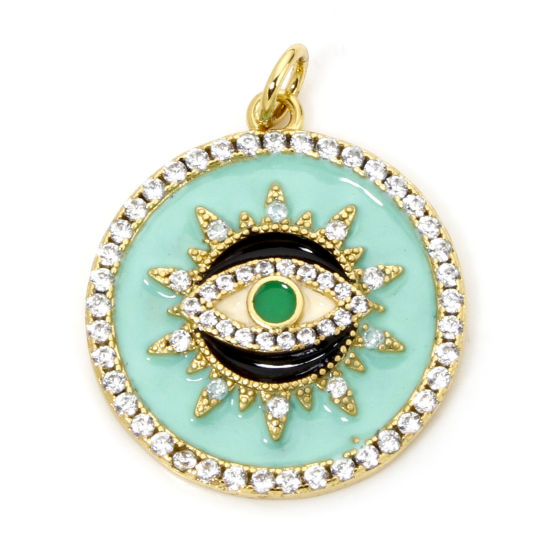 Picture of 1 Piece Eco-friendly Brass Religious Charms 18K Real Gold Plated Green Round Eye of Providence/ All-seeing Eye Enamel Clear Cubic Zirconia 26mm x 21mm