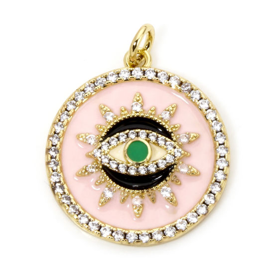 Picture of 1 Piece Eco-friendly Brass Religious Charms 18K Real Gold Plated Pink Round Eye of Providence/ All-seeing Eye Enamel Clear Cubic Zirconia 26mm x 21mm