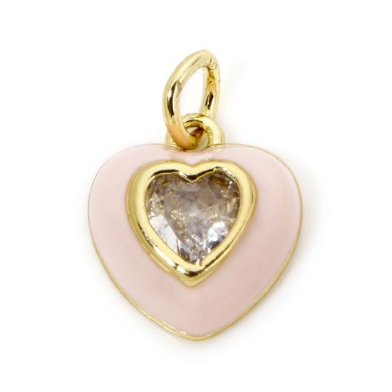 Imagen de 1 Unidad Respetuoso del Medio Ambiente Latón día de San Valentín Colgantes Corazón 18K Oro Real Chapado Rosado Esmalte Claro Circón Artificial 15mm x 10.5mm