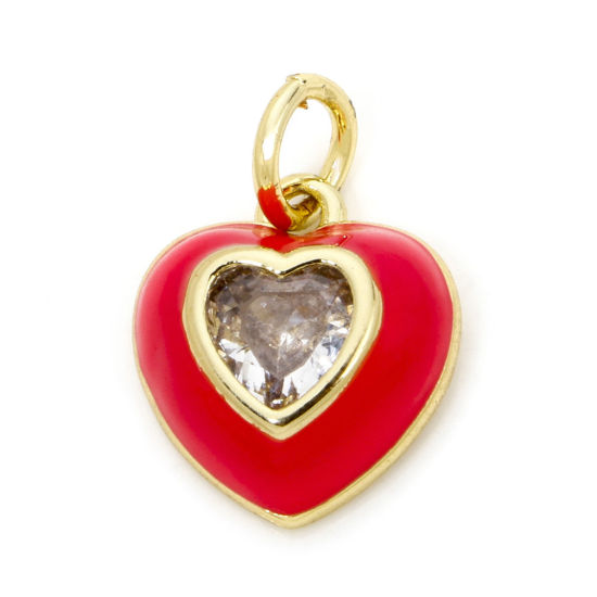 Imagen de 1 Unidad Respetuoso del Medio Ambiente Latón día de San Valentín Colgantes Corazón 18K Oro Real Chapado Fucsia Esmalte Claro Circón Artificial 15mm x 10.5mm