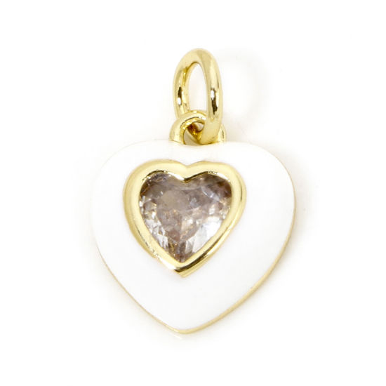 Imagen de 1 Unidad Respetuoso del Medio Ambiente Latón día de San Valentín Colgantes Corazón 18K Oro Real Chapado Blanco Esmalte Claro Circón Artificial 15mm x 10.5mm
