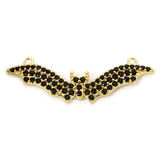 Bild von 1 Stück Umweltfreundlich Messing Halloween Steckverbinder Charms Anhänger Halloween Fledermaus 18K Echtgold plattiert Micro Pave Schwarz Zirkonia 3.9cm x 1.3cm