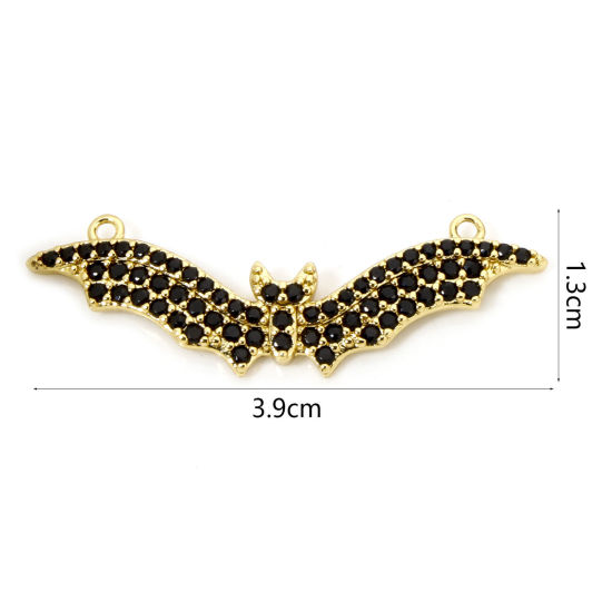 Bild von 1 Stück Umweltfreundlich Messing Halloween Steckverbinder Charms Anhänger Halloween Fledermaus 18K Echtgold plattiert Micro Pave Schwarz Zirkonia 3.9cm x 1.3cm