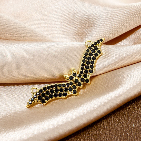 Bild von 1 Stück Umweltfreundlich Messing Halloween Steckverbinder Charms Anhänger Halloween Fledermaus 18K Echtgold plattiert Micro Pave Schwarz Zirkonia 3.9cm x 1.3cm